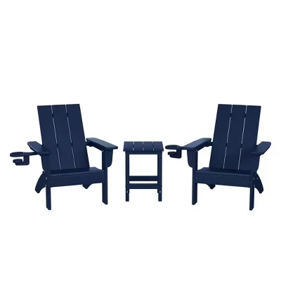 Современный комплект детских стульев Adirondack из пенополиуретана Ashore, состоящий из 3 предметов, с квадратным приставным столиком и подстаканниками синего цвета.