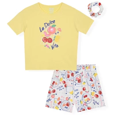 Girls 2-Piece Short-Sleeve Jersey Pajama Shorts Set with Matching Hair Scrunchie yellow