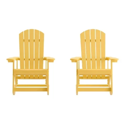 Набор из 2 классических всепогодных кресел-качалок Marcy из полимерной смолы Adirondack с фурнитурой из нержавеющей стали для круглогодичного использования желтого цвета.