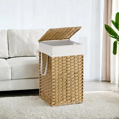 Корзина для белья с крышкой из ротанга объемом 17,2 галлона Корзина для белья из ротанга с крышкой и ручками Складная съемная подкладка для прачечной natural