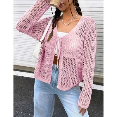 Женский кроп-кардиган Yesfashion вязаный крючком, розовый
