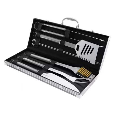 7-Piece Stainless Steel BBQ Cooking Utensils Set - BBQ Grill Accessories with Case by silver case