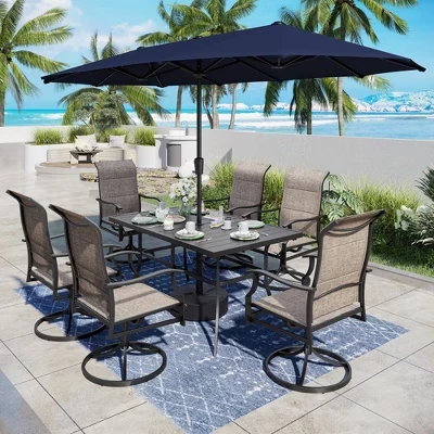 Captiva Desighttps 8шт. Обеденный стол для патио с прямоугольной стальной столешницей, мягкие вращающиеся стулья на ремнях и зонт для рынка синего цвета