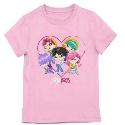 Футболка Chibi Saja Boys Character Heart Girl's Hot Cradle розовая с круглым вырезом и коротким рукавом розового цвета