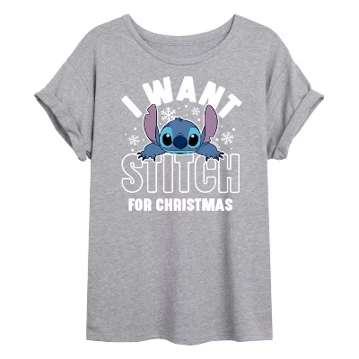 Женская футболка с объемным рисунком I Want A Stitch For Christmas серого цвета