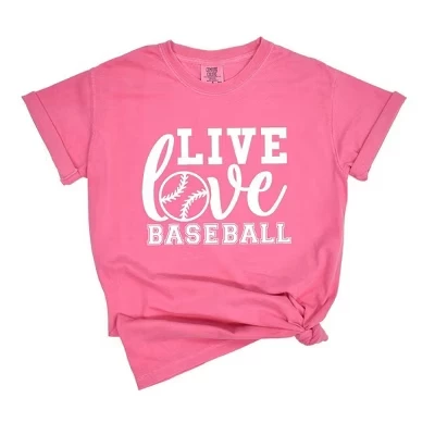 Женская бейсбольная футболка Live Love Baseball с коротким рукавом, окрашенная в цвет crunchberry