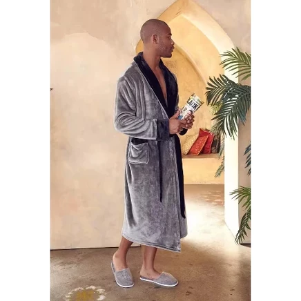 Мужской халат Lotus Linen, плюшевый, L/XL, серо-черный
