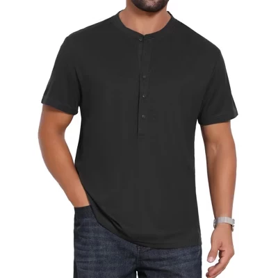 Мужские дышащие футболки на пуговицах с коротким рукавом Henley Shirt черного цвета