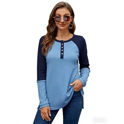 Женские рубашки с длинным рукавом, повседневные топы Henley, футболка свободного кроя, нарядные цветные блоки, женская блузка-туника с V-образным вырезом и пуговицами, серая