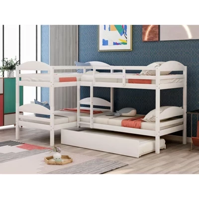 Двухъярусная кровать Twin over Twin L-образной формы с выдвижным ящиком, рассчитана на 5 спальных мест, Пружинный блок не требуется, Белый/Серый/Эспрессо - белый