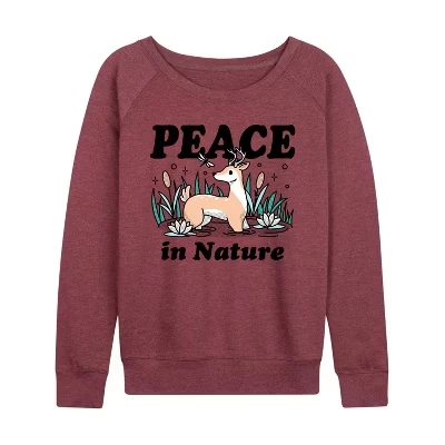 Женская рубашка Peace In Nature из легкой махровой ткани с широким вырезом и длинными рукавами с графическим рисунком цвета вереска темно-бордового цвета.