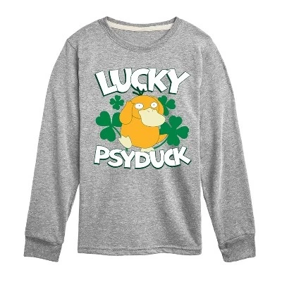 Футболка с длинным рукавом и рисунком Psyduck для мальчиков - Pokémon - Lucky athletic heather