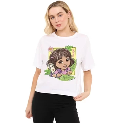 Женская укороченная футболка Dora 2024 Dora And Map Tropical Leaves с квадратными листьями, белая
