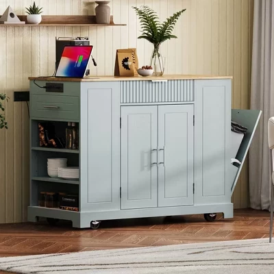 Rolling Black Wood Top 48.5 in. Kitchen Island Cart with Power Outlet, Tilt-out Trash Can, 3-Layer Open Shelves blue