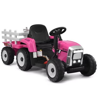 Детский трактор Costway 12V с прицепом, розовый