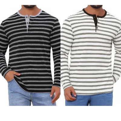 Мужские футболки Henley в полоску контрастных цветов с длинными рукавами, 2 упаковки черного цвета