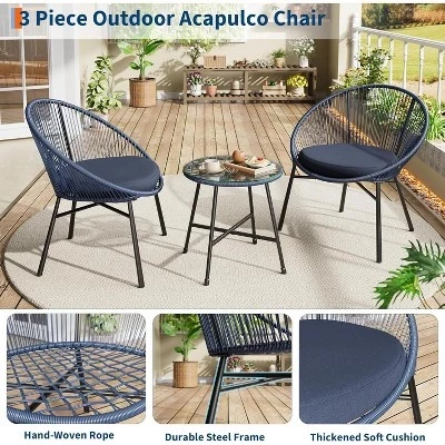 Уличный набор для бистро Acapulco Patio Bistro из 3 предметов, мягкие стулья и стол со стеклянной столешницей, Всепогодные синие стулья для балкона, бассейна, сада, заднего двора синего цвета