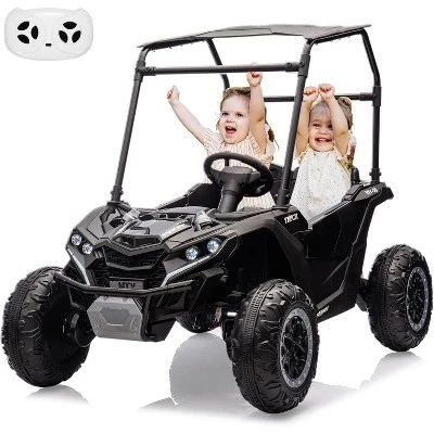 Детский внедорожник UTV 24V, электрический грузовик 4x4 с козырьком от солнца, пультом дистанционного управления, светодиодными фарами, амортизатором, звуковым сигналом и музыкальным плеером черного цвета