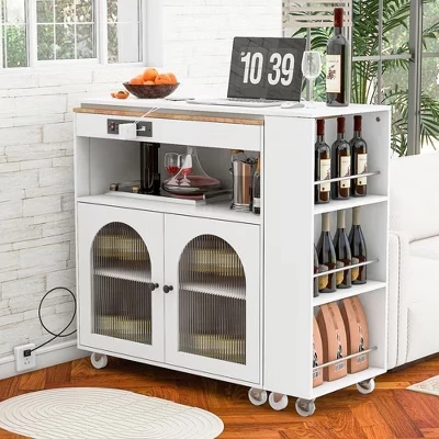 LED Lights White Wood Top 34 in. Kitchen Island Cart with Power Outlet, 2 Fluted Glass Doors white