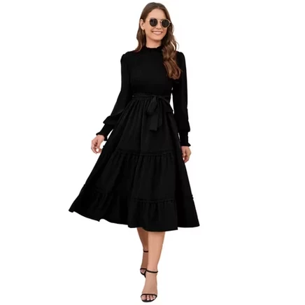 Women's Ruffle Mock Neck Long Sleeve Smocked Midi Dress Casual Floral Print Elastic Waist Tiered Long Dress black