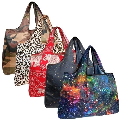 Большие складные нейлоновые многоразовые продуктовые сумки Tote, 5 упаковок exotic space