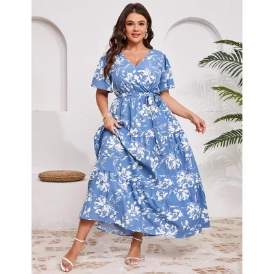 Женское платье Yesfashion макси плюс на запах, синее в цветы