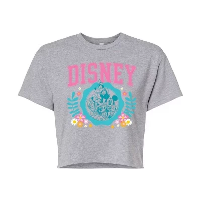 Женская укороченная футболка с рисунком Minine Mickey, Donald, Goofy, Daisy Pluto Flowers