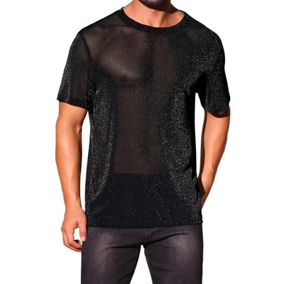 Men's Sparkle See Through Lightweight Short Sleeve Shiny Sheer T-Shirts black