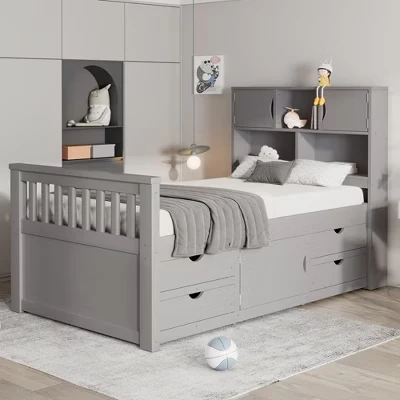 Каркас кровати Captain Platform Twin Size с книжным шкафом в изголовье и 4 выдвижными ящиками, пружинный блок не требуется - серый