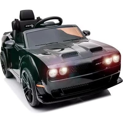 Детский электромобиль Dodge Challenger с лицензией на 12 В, Электромобили на батарейках с дистанционным управлением, светодиодные фонари, для мальчиков и девочек, черный