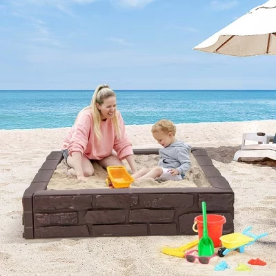 Детская песочница с крышкой и нижним вкладышем Backyard Beach HDPE песочница для игр на открытом воздухе Коричневый/Белый/серо-коричневый