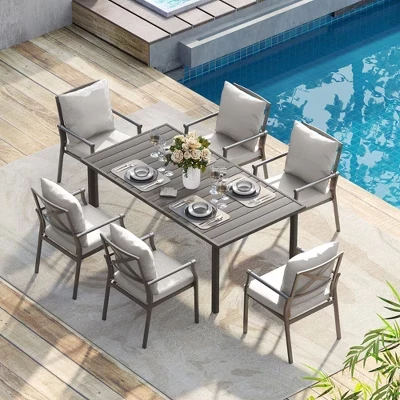 Patio Dining Set, Outdoor Table and Chairs Set, Powder-Coated Metal Chairs with Cushions, Table with Umbrella Hole for Deck Backyard Lawn beige