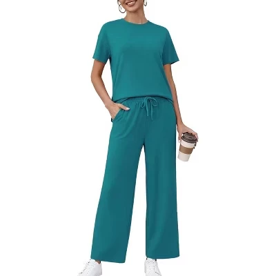 2 Piece Sets for Women Soft Short Sleeve Matching Lounge Set Wide Leg Pants Tracksuit Travel Summer Outfits lilac