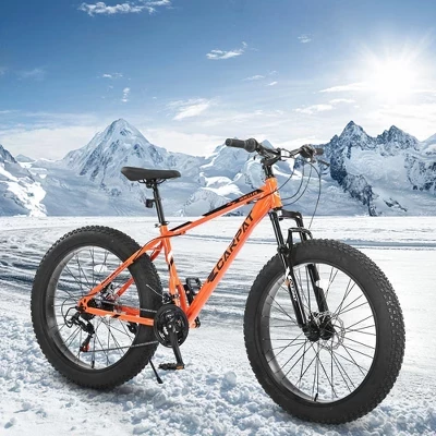 26-дюймовый велосипед Fat Tire для взрослых / молодежи, 21-скоростной горный велосипед Shimano, двухдисковый тормоз, Рама из высокоуглеродистой стали оранжевого цвета