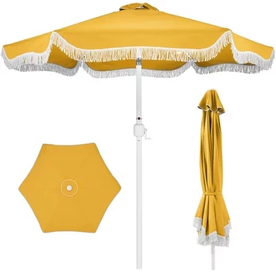 Лучший выбор 9–футового зонта с бахромой на рынке - Boho Patio Sunshade с наклоном, UPF50+, Стальная стойка для стола, бассейна, террасы marigold