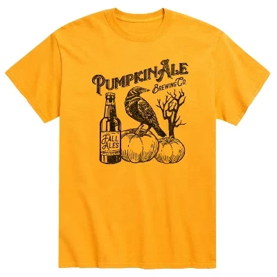 Мужская футболка Pumpkin Ale Brewing Co с коротким рукавом и графическим рисунком золотистого цвета.