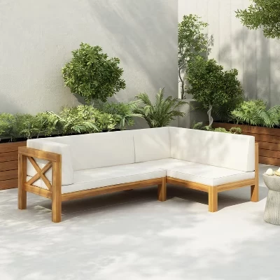 Lyra Outdoor Acacia Wood 4-местный 88,5-дюймовый секционный диван с подушками бежевого цвета