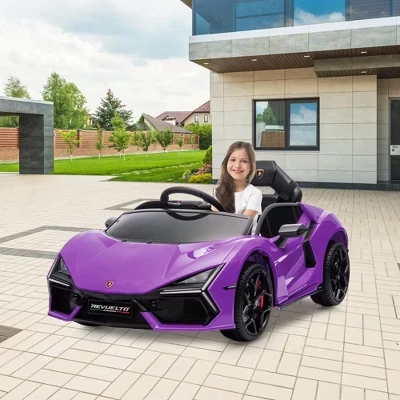 Детская поездка на автомобиле 12 В, Лицензионный Lamborghini Revuelto с дистанционным управлением, Игрушечный спортивный автомобиль на батарейках с двумя двигателями мощностью 25 Вт фиолетового цвета