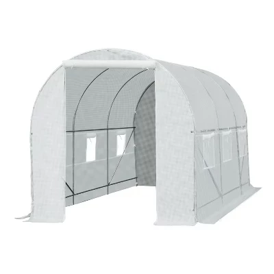 15/20FT Walk-In Greenhouse with 8 Roll-up Windows & Roll Up Door, Green Houses for Outside with Steel Frame, Tunnel Greenhouse for Plants white