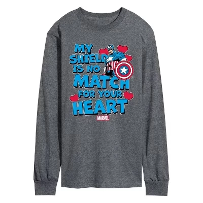 Мужская футболка Captain America My Shield Valentine с длинным рукавом и графическим рисунком heather charcoal
