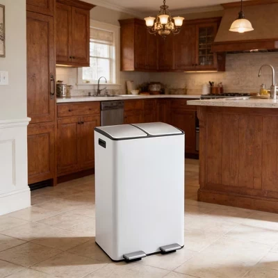 Stainless Steel Trash Can with 2x8 gal,Double Garbage Can and Removable Inner Buckets & 2 Lids for Kitchen Living Room white