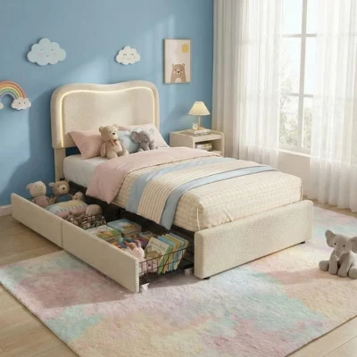 Каркас кровати Boucle Twin/Full/Queen-size с изголовьем и 2 ящиками для хранения вещей - Детская подростковая кровать на платформе бежевого цвета