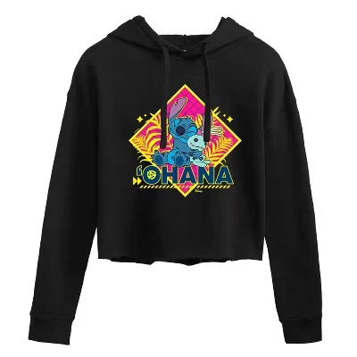 Женская укороченная толстовка с капюшоном Lilo & Stitch Ohana с графическим принтом, черная