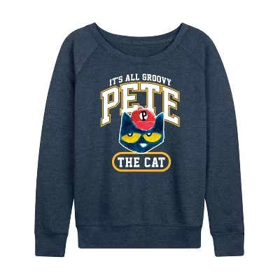 Женская рубашка It's All Groovy Collegiate из легкого французского махрового материала с широким вырезом и длинными рукавами и графическим принтом heather indigo
