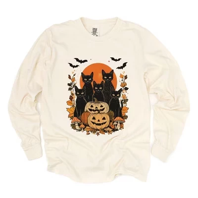 Black Cats Pumpkin Vintage - Женская одежда, окрашенная в белый цвет с длинным рукавом