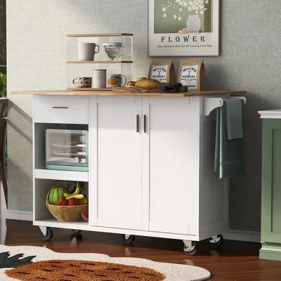 Кухонный остров CLIHOME со складной столешницей, тележкой для хранения кухонных принадлежностей на колесиках с выдвижной полкой, вешалкой для полотенец и выдвижным ящиком белого цвета