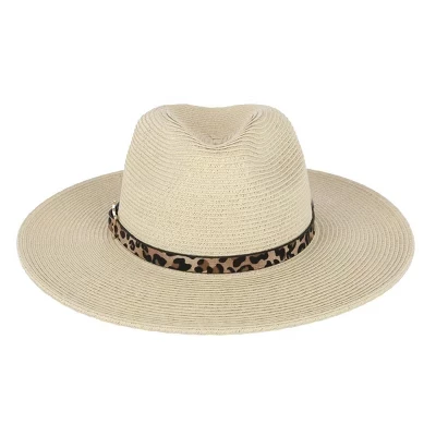 Женская плетеная фетровая шляпа Toyo Fedora Sun с леопардовой лентой бежевого цвета