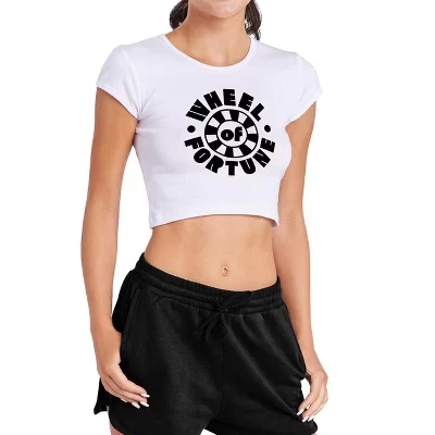 Women's Wheel of Fortune Dark Wheel Cap Sleeve Baby Rib Crop Top white