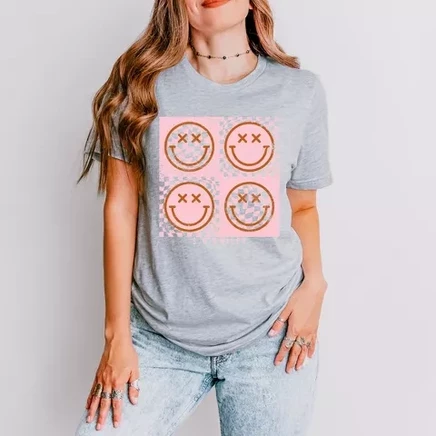 Футболка с коротким рукавом S.W.Smiley Pink и четырьмя квадратными смайликами heather grey