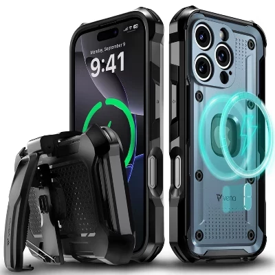 Чехол vArmor для Apple iPhone 16 Pro Case Magsafe, Прочный чехол с кобурой-зажимом для ремня [Защита от падения военного класса], Прочная подставка для ног, Синий